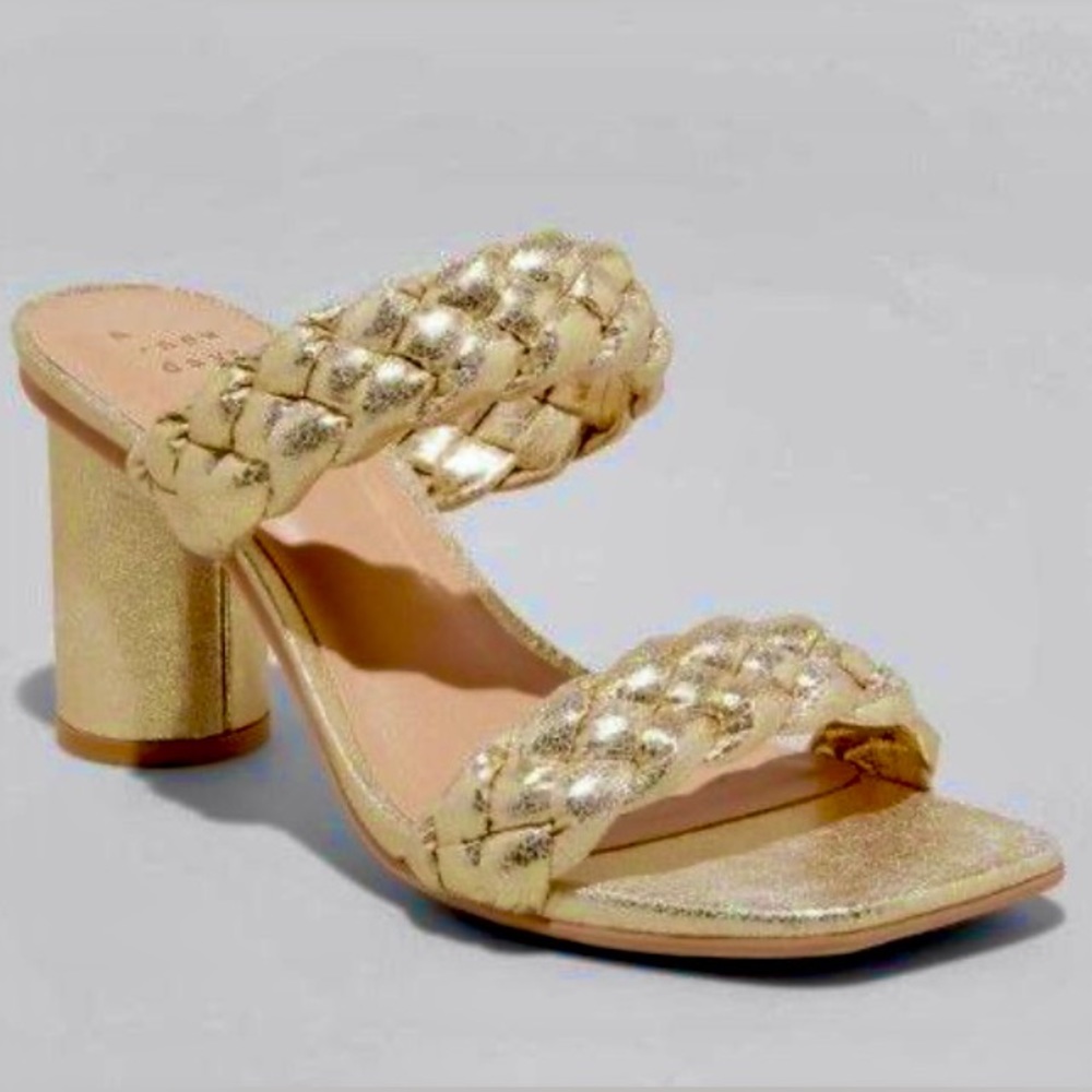 NWT “A NEW DAY” Gold Braid Heel Slip On Woven Sandals Square Toe Womens Size:8.5